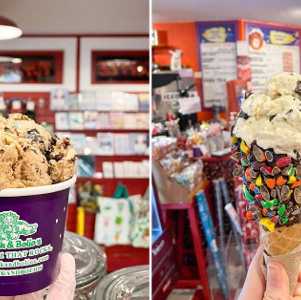 split image. on left is cup of ice cream. on right is cone of ice cream